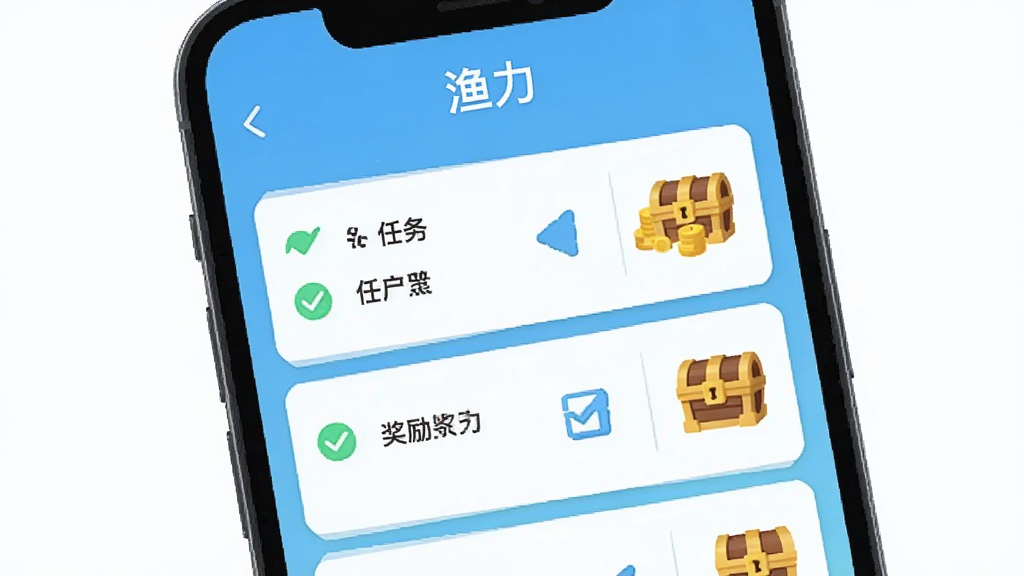 手机屏幕界面展示渔力任务列表,左侧为任务条目,右侧为奖励图标,顶部有“渔力”标题,布局为竖向卡片式,风格为清新扁平化,细节包括勾选标记、金币堆、宝箱图标,画质高清,干净,无多余元素
