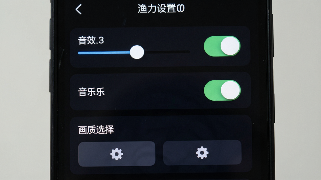 手机屏幕显示渔力设置界面,包含音效开关、音乐开关、画质选择等选项,布局为竖向列表,风格为深色主题,细节包括滑块、开关按钮、齿轮图标,画质高清,干净,无多余元素