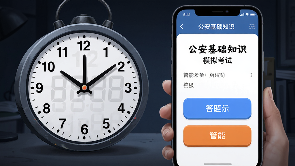 一个倒计时时钟与手机答题界面并排展示,手机屏幕显示