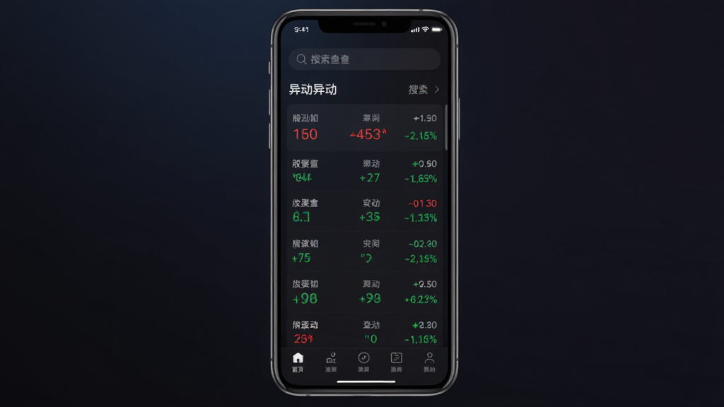 一张展示手机屏幕的图片,屏幕中显示异动查查软件的主界面,界面中央有股票异动列表,红色和绿色数字跳动,顶部有搜索框,底部有导航栏,背景为深色渐变,整体风格简洁现代,画质清晰,干净无多余元素