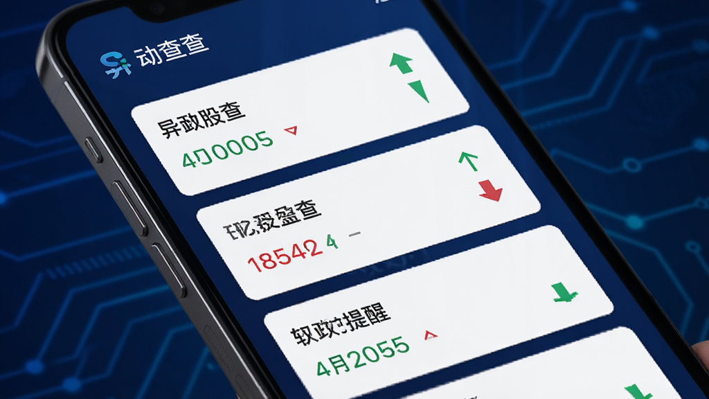 手机屏幕显示异动查查的实时监测界面,屏幕上有多条异动提醒卡片,每张卡片带有股票名称和涨跌箭头,背景为深蓝色,界面布局清晰,风格科技感强,画质干净