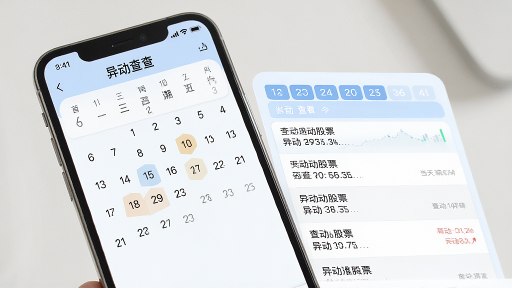 异动查查历史异动回溯界面,手机屏幕显示日历和异动记录列表,用户可以选择日期查看当天的异动股票,界面风格柔和,配色以浅蓝和白色为主,布局整齐,画质清晰