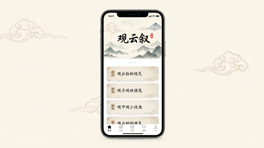 软件主界面全景展示,画面中央放置一部智能手机,屏幕内显示“观云叙”应用首页,页面顶部有云朵与远山的淡雅插画,中部为古风短句卡片列表,底部为导航栏,整体布局简洁留白,排版采用竖版手机海报构图,风格为中国风水墨淡彩,细节包含飘动的云纹、毛笔字标题“观云叙”、柔和的米白色背景,画质高清,干净,无多余元素