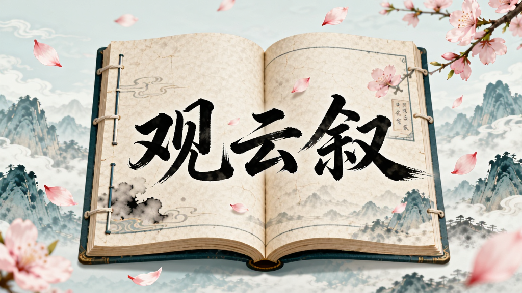 画面主体为一本展开的古风线装书,书页上浮现出“观云叙”三个毛笔字,书页四周环绕着飘落的桃花瓣与远山云海,布局采用居中对称构图,排版为方形插画风格,风格为唯美中国古风,细节包含细腻的纸张纹理、墨迹晕染效果、淡青色与米黄色主色调,画质高清,干净,无多余元素