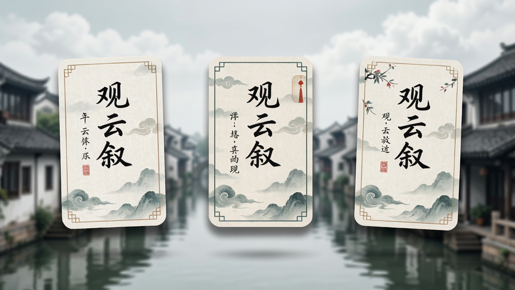 画面展示三张不同风格的古风卡片并排悬浮在空中,卡片上分别写有“观云叙”字样与短句,背景为虚化的江南水乡与云雾,布局为横向排列,排版为产品展示图风格,风格为清新雅致古风,细节包含卡片圆角、阴影效果、细腻的纸张质感,画质高清,干净,无多余元素