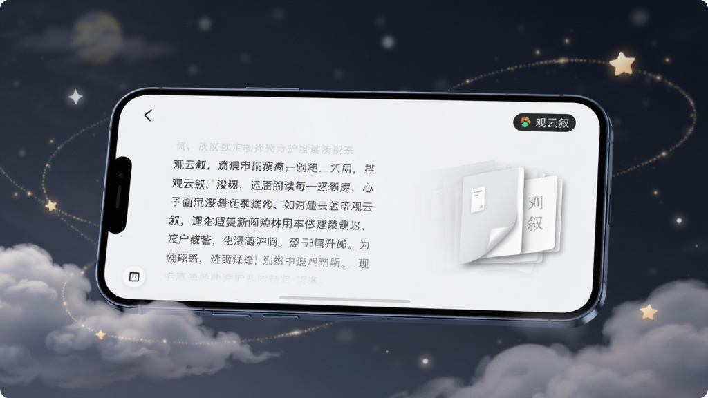 画面主体为一部手机横屏展示“观云叙”沉浸阅读界面,屏幕内文字清晰可见,手机周围环绕着淡淡的云雾与星光,布局为手机倾斜放置,排版为场景化产品图,风格为静谧唯美风,细节包含柔和的暗色背景、护眼模式图标、翻页动画残影,画质高清,干净,无多余元素