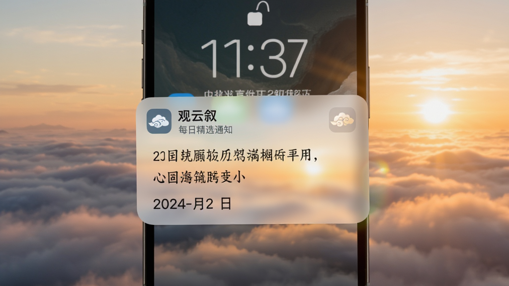 画面展示手机锁屏界面弹出“观云叙”每日精选通知卡片,卡片上写有古风句子与日期,背景为清晨的云海与朝阳,布局为手机特写,排版为竖版海报,风格为温暖治愈系,细节包含通知卡片的毛玻璃效果、云朵图标、柔和的光晕,画质高清,干净,无多余元素
