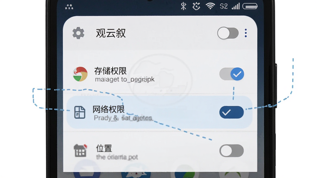 画面展示一部安卓手机屏幕弹出“观云叙”权限设置界面,界面中存储权限与网络权限被高亮勾选,通讯录与位置权限显示为灰色关闭状态,布局为手机正面特写,排版为教程示意图风格,风格为简洁扁平化,细节包含设置图标、开关按钮、文字标注,画质高清,干净,无多余元素
