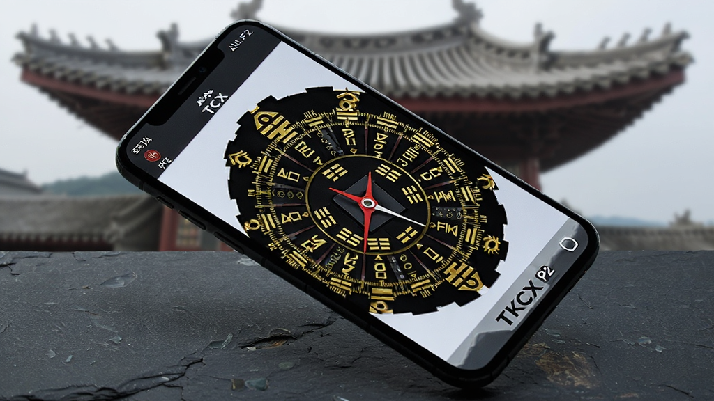一张 TKCX P2 电子罗盘功能的特写图片,主体为手机屏幕上的二十四山罗盘盘面,布局采用对角线构图,手机斜放在深色石质台面上,背景为模糊的古建筑屋檐,风格写实且带有文化氛围,细节包含金色刻度线、红色指针与八卦符号,画质高清,干净,无多余元素