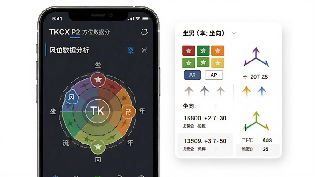 一张 TKCX P2 方位数据分析界面的图片,主体为手机上显示的数据图表与风水方位标注,布局采用左右分栏,左侧为手机屏幕,右侧为悬浮的数据卡片,风格简约商务,细节包含五行色块、坐向箭头与流年数字,画质高清,干净,无多余元素