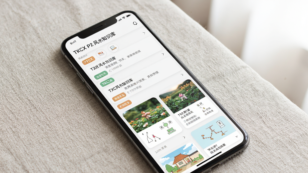 一张 TKCX P2 风水知识库界面的图片,主体为手机屏幕上显示的条目列表与图文卡片,布局采用瀑布流排版,手机放置在浅色亚麻桌布上,背景为柔和自然光,风格清新素雅,细节包含文字条目、分类标签与小型示意图,画质高清,干净,无多余元素