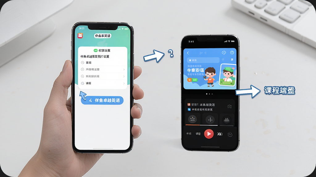 伴鱼卓越英语移动端操作指南示意图,画面中一只手拿着手机,手机屏幕上显示伴鱼卓越英语的权限设置页面与课程播放界面,旁边有箭头标注操作步骤,背景为简洁的浅灰色桌面,风格清晰直观,画质干净,无多余元素