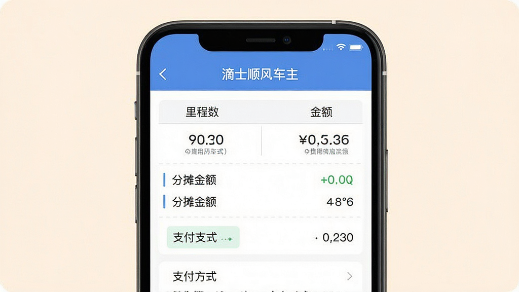 滴士顺风车主费用分摊明细页面,画面为手机屏幕展示费用计算清单,包含里程数、分摊金额、支付方式等条目,布局为手机居中、背景为柔和浅色,风格为简洁商务扁平风,细节包括数字金额、表格线条、文字