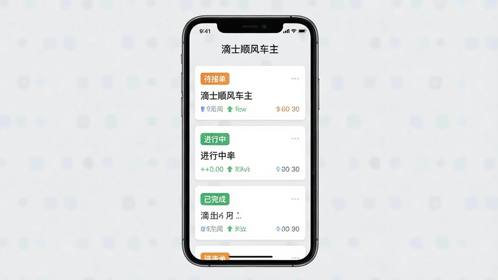 滴士顺风车主订单管理列表页面,画面为手机屏幕展示订单卡片列表,包含待接单、进行中、已完成等状态标签,布局为手机居中、背景为浅灰底色,风格为清爽极简扁平风,细节包括订单状态颜色区分、文字