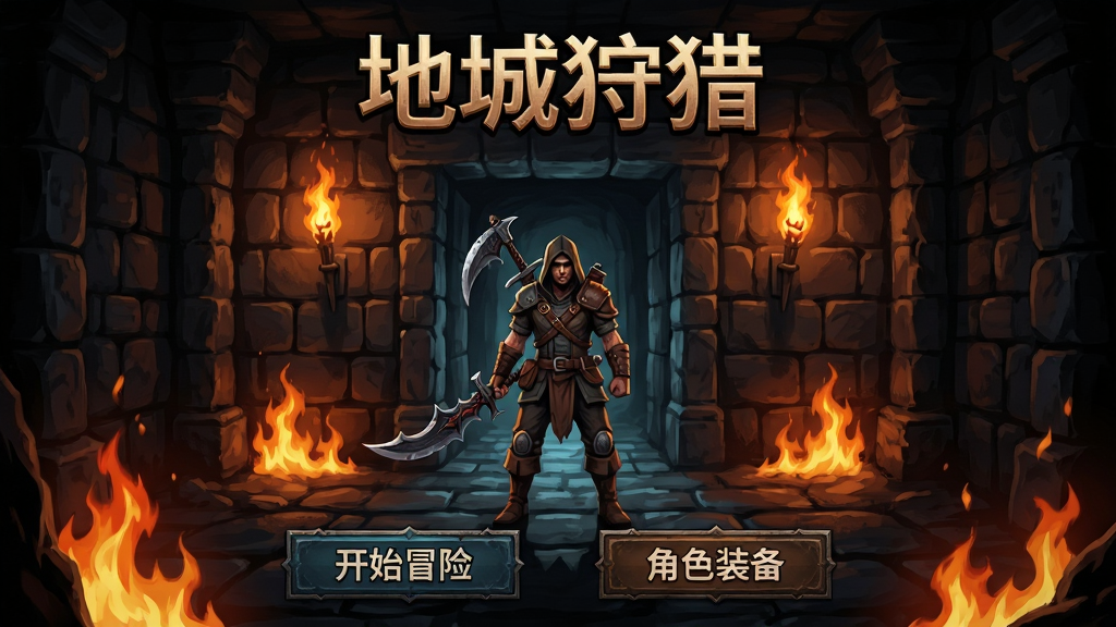地城狩猎游戏主界面截图,画面中央是手持武器的猎人角色站在地牢入口,周围环绕着幽暗的火焰和石壁,上方显示游戏名称“地城狩猎”,下方有开始冒险和角色装备按钮,整体风格为暗黑奇幻,细节丰富,画质清晰,干净无多余元素