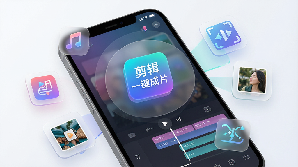 剪辑一键成片软件主界面展示,主体是一个智能手机屏幕,屏幕中央显示“剪辑一键成片”应用图标和正在自动生成的视频时间轴,周围环绕着音乐符号、转场特效图标和素材缩略图,布局采用中心放射状,排版简洁清晰,风格为现代科技感UI设计,细节包含渐变光效、半透明毛玻璃效果,画质高清,干净,无多余元素