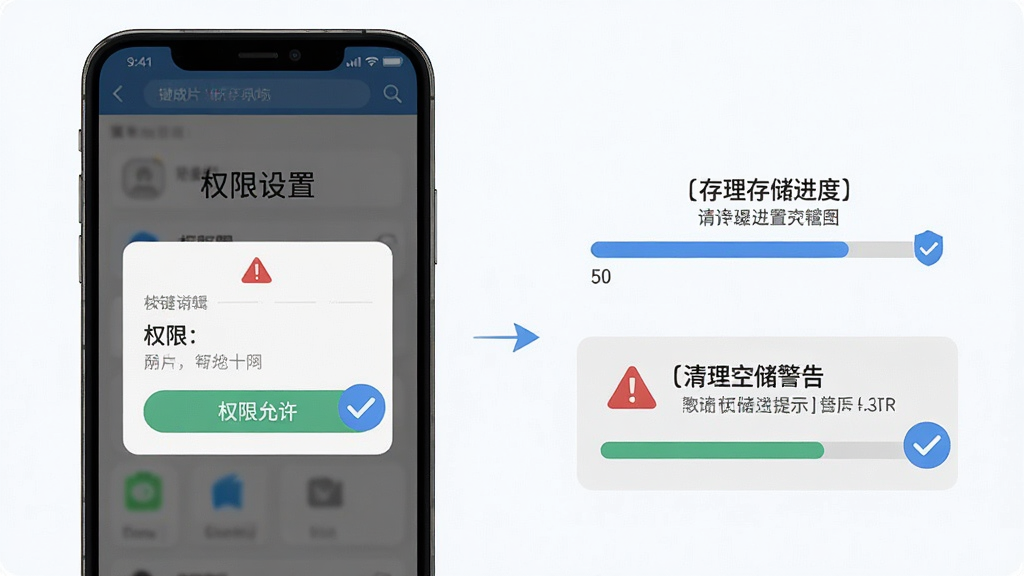 剪辑一键成片新手操作避坑示意图,主体为手机屏幕显示权限设置弹窗和存储空间警告提示,布局为左右分栏,左侧为权限允许按钮,右侧为清理存储进度条,排版直观,风格为扁平化信息图,细节包含红色警告三角和蓝色优化对勾,画质高清,干净,无多余元素