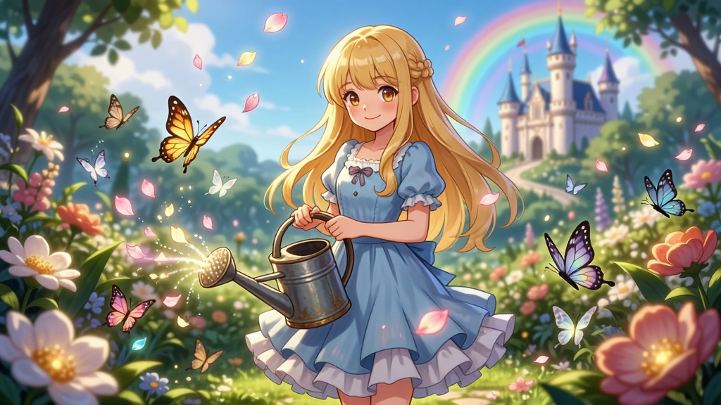 画面中央是一位金发少女站在开满鲜花的魔法花园中,身穿浅蓝色连衣裙,手持浇水壶,周围环绕着发光的花瓣与蝴蝶,远景是欧式城堡与彩虹,布局采用居中构图人物占画面主体,排版为竖版手机壁纸比例,风格为清新治愈系动漫插画,细节包括花瓣飘落、蝴蝶翅膀纹理、少女微笑表情、裙摆褶皱,画质为高清2K干净无多余元素,画面中无文字