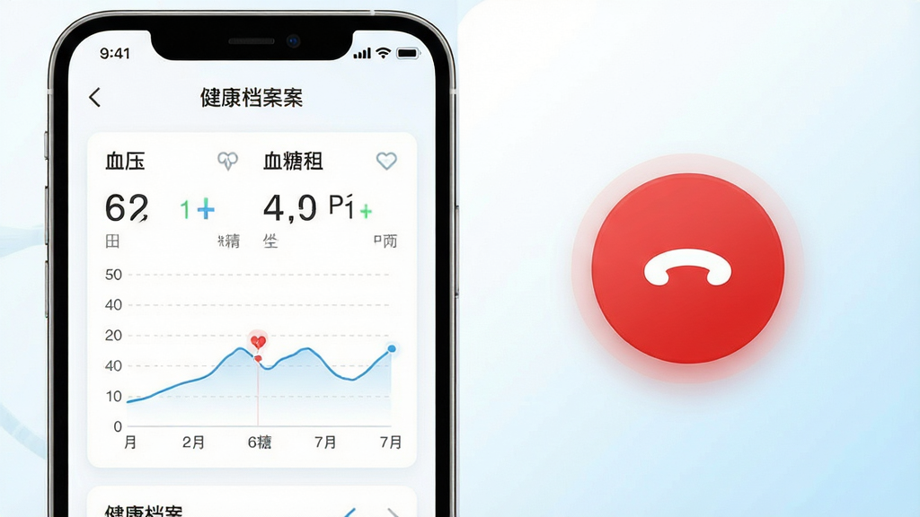 ��������APP���ܽ���չʾͼ���������Ϊ��������ҳ�棬��ʾѪѹѪ������ͼ�����Ҳ�Ϊ�������а�ť��д����ťΪ��Ŀ�ĺ�ɫԲ�Σ�����Ϊ�ɾ��İ�ɫ��ǳ��ɫ���䣬����Լ�ִ����������ҷ�����ϸ�����������ʸ��壬�ɾ����޶���Ԫ��