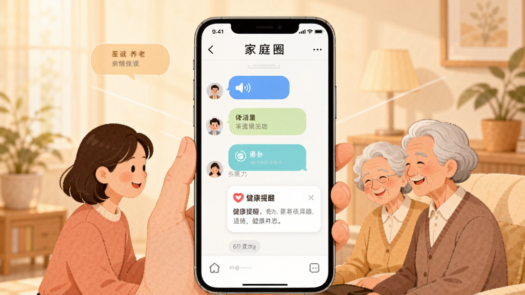 ��������APP���黥��������ͼ������չʾһ���ֻ���Ļ����ʾ��ͥȦ������棬��������Ϣ���ݺͽ������ѿ�Ƭ���ֻ���Χ����Ů�����길ĸͨ����Ļ��������ܰ�廭������Ϊ��͵�ůɫ����������и��ˣ��������ֻ�Ϊ������������չ��ϸ�ڷḻ�����ʸ��壬�ɾ����޶���Ԫ��
