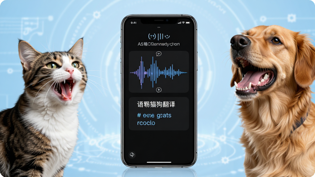 语猫狗翻译实时翻译功能展示,画面中央一部智能手机,手机屏幕显示声波跳动和文字翻译结果,手机左侧一只正在叫的猫咪,右侧一只正在叫的狗狗,背景为浅蓝色渐变科技感风格,画面中有“语猫狗翻译”字样,布局简洁,细节清晰,画质高清,干净无多余元素