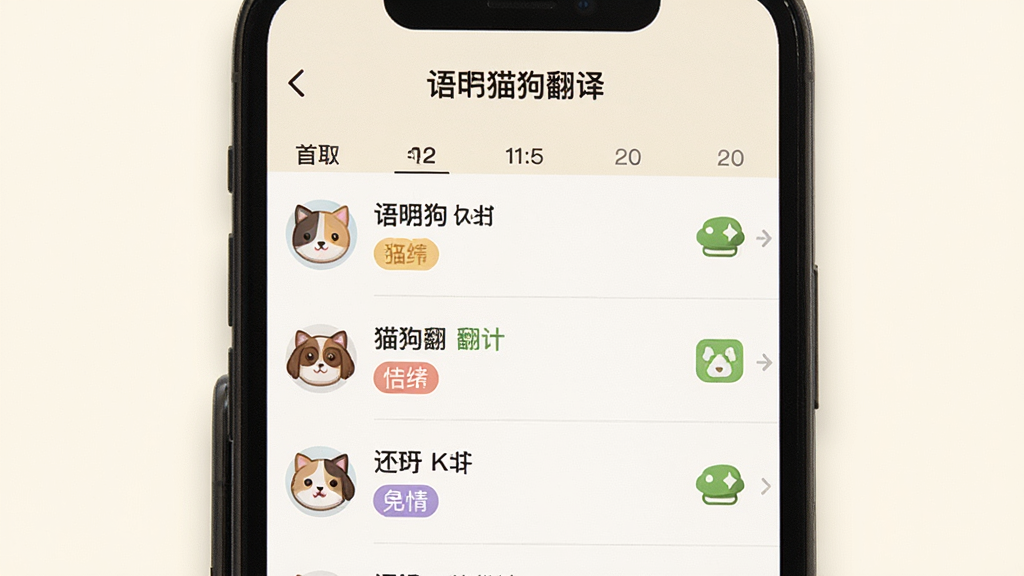 语猫狗翻译历史记录页面展示,手机屏幕显示按时间排列的翻译记录列表,每条记录带有猫狗头像图标和情绪标签,界面风格清爽简约,背景为柔和的米白色,画面中有“语猫狗翻译”文字标识,细节丰富,画质清晰,干净无多余元素
