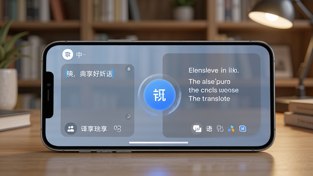 一部手机放置在桌面上,屏幕显示译享好时光的翻译界面,左侧是中文输入框,右侧是英文翻译结果,中间有一个醒目的翻译按钮,背景是柔和的书房环境,风格为写实科技风,细节上突出多语种切换的图标和流畅的动画效果,画质清晰,画面干净,无多余元素。
