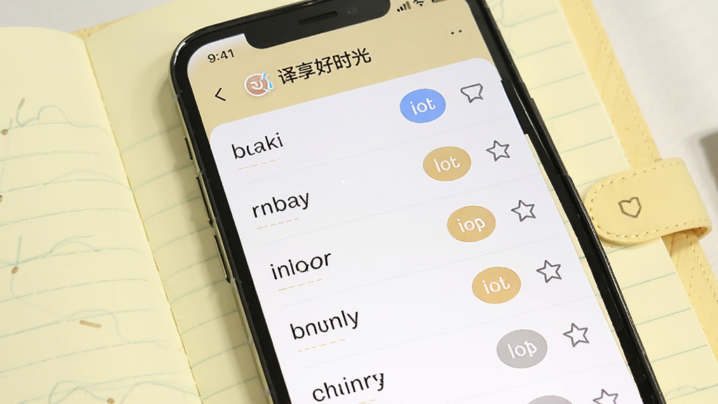 一部手机屏幕显示译享好时光的生词本界面,列表中排列着多个单词和短语,每个条目旁边有发音按钮和收藏图标,背景是淡黄色的笔记本纹理,风格为清新学习风,细节上突出生词本的整理与复习功能,画质清晰,画面干净,无多余元素。
