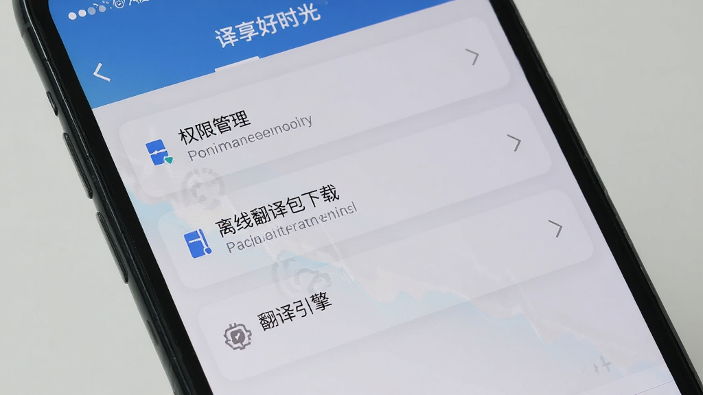 一部手机屏幕显示译享好时光的设置界面,界面中有权限管理、离线翻译包下载、翻译引擎切换等选项,背景是简洁的浅灰色调,风格为实用工具风,细节上突出设置项的清晰布局与操作提示,画质高清,画面干净,无多余元素。