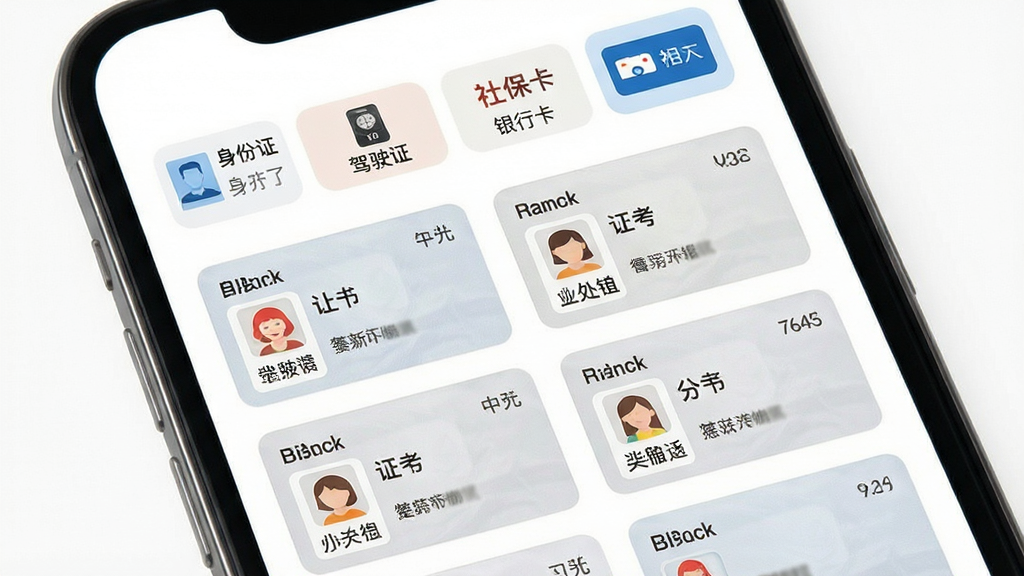 电子证件卡包多类型证件收纳界面,画面展示一部手机屏幕,屏幕中显示电子证件卡包的证件分类页面,上方有身份证、驾驶证、社保卡、银行卡等标签栏,下方对应显示各类证件卡片缩略图,卡片整齐排列成两列网格布局,背景为白色,风格清新简约,细节上每个卡片带有类型图标和名称文字,画质清晰,干净,无多余元素