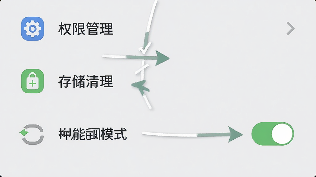 箭头线条移动端设置界面,画面展示权限管理、存储清理、性能模式开关等选项列表,界面风格简洁,图标清晰,背景为淡灰色,画质清晰,干净无多余元素