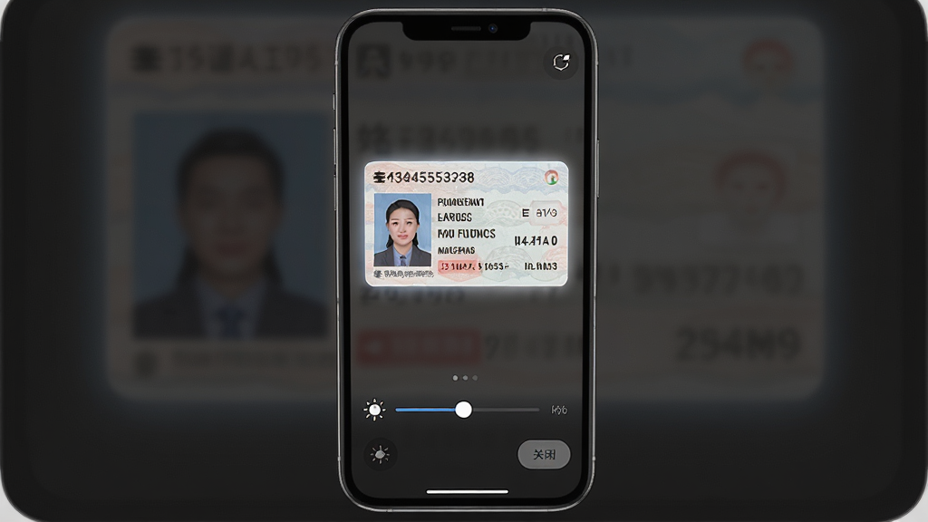 电子证件卡包快速调取证件展示界面,画面中央是一部手机,屏幕显示一张身份证的电子卡片全屏展示效果,卡片上有证件号码、姓名等字段,界面底部有亮度调节滑块和关闭按钮,布局为上下结构,风格简洁实用,细节上卡片边缘有柔和光晕,背景为深色半透明遮罩,画质清晰,干净,无多余元素