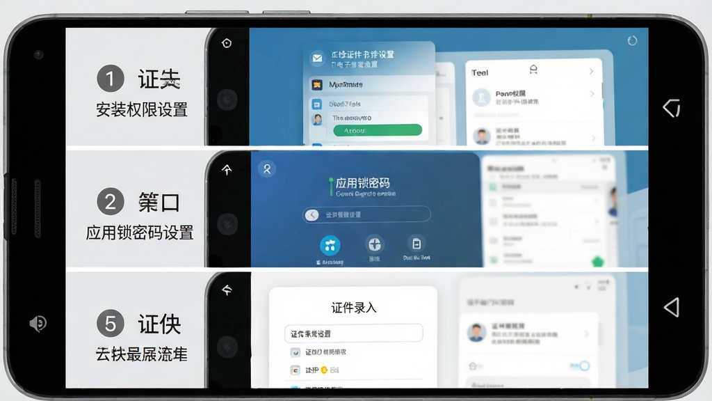 电子证件卡包新手安装设置流程示意图,画面展示一部安卓手机,屏幕分为三个区域,上方显示安装权限设置界面,中间显示应用锁密码设置界面,下方显示证件录入界面,布局为纵向三段式排版,风格扁平化教程风,细节上每个区域带有步骤编号和简短文字说明,背景为浅灰色,画质清晰,干净,无多余元素