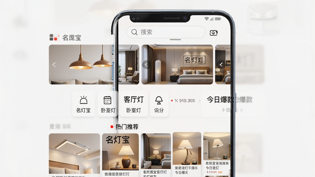 名灯宝APP首页展示图,主体为一部智能手机竖屏界面,布局从上到下依次为搜索栏、轮播图、功能分类图标、热门灯具推荐瀑布流。排版整洁清晰,风格为现代简约家居电商风,细节包括暖色调的客厅吊灯、卧室吸顶灯、台灯产品缩略图,界面中文字有