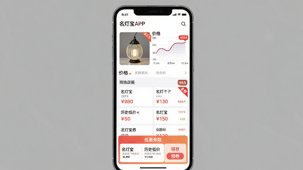 名灯宝APP比价与优惠页面图,主体为手机界面,布局上方为商品主图与价格曲线图,中部为不同店铺报价列表,下方为优惠券领取区域。排版清晰,风格为简约商务风,细节有价格标签、折扣角标、