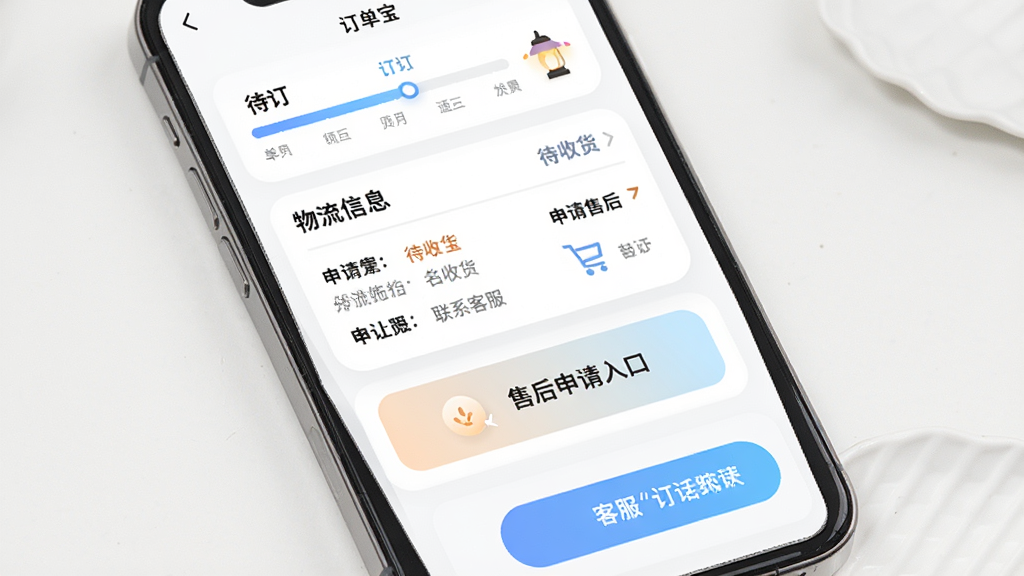 名灯宝APP订单与售后页面图,主体为手机屏幕,布局从上到下为订单状态进度条、物流信息卡片、售后申请入口、客服对话按钮。排版工整,风格为柔和圆角卡片风,细节有