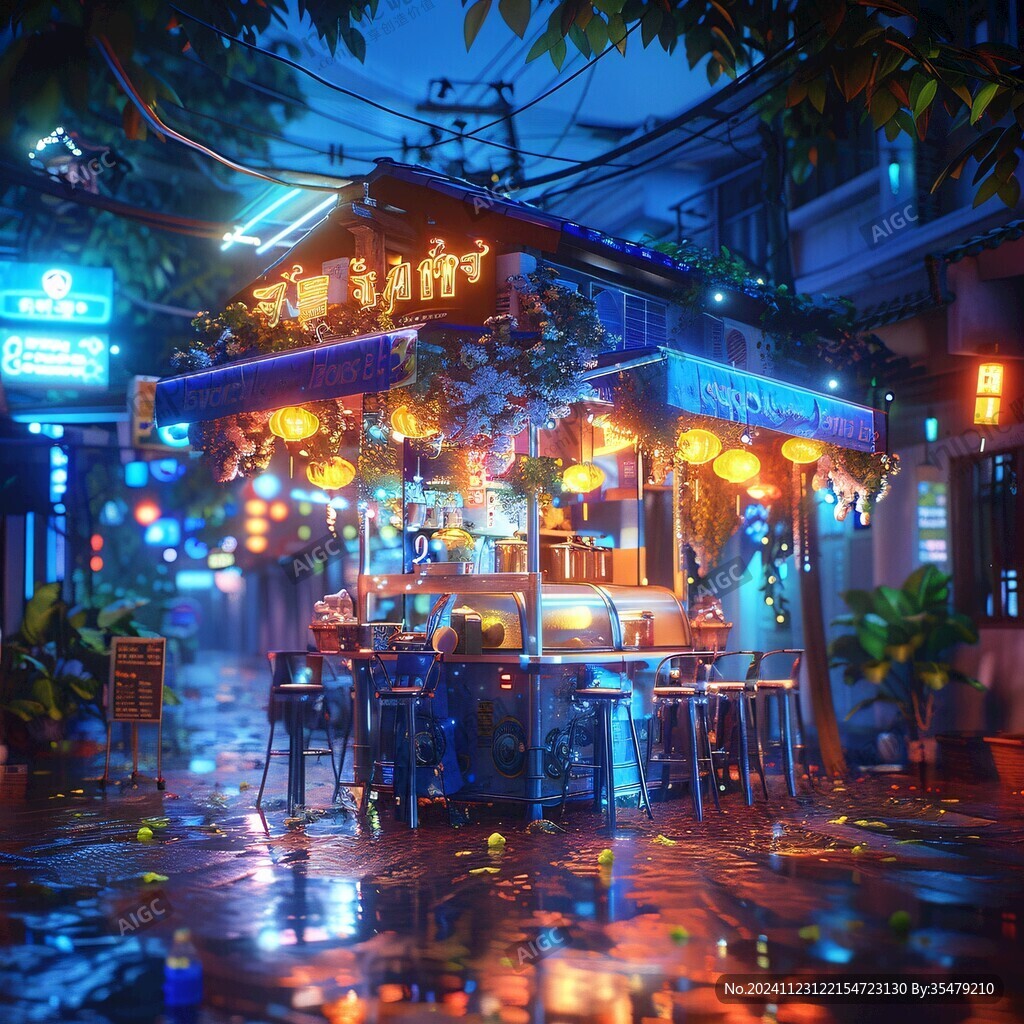 萌萌街巷子小吃店与露天小院子休闲场景