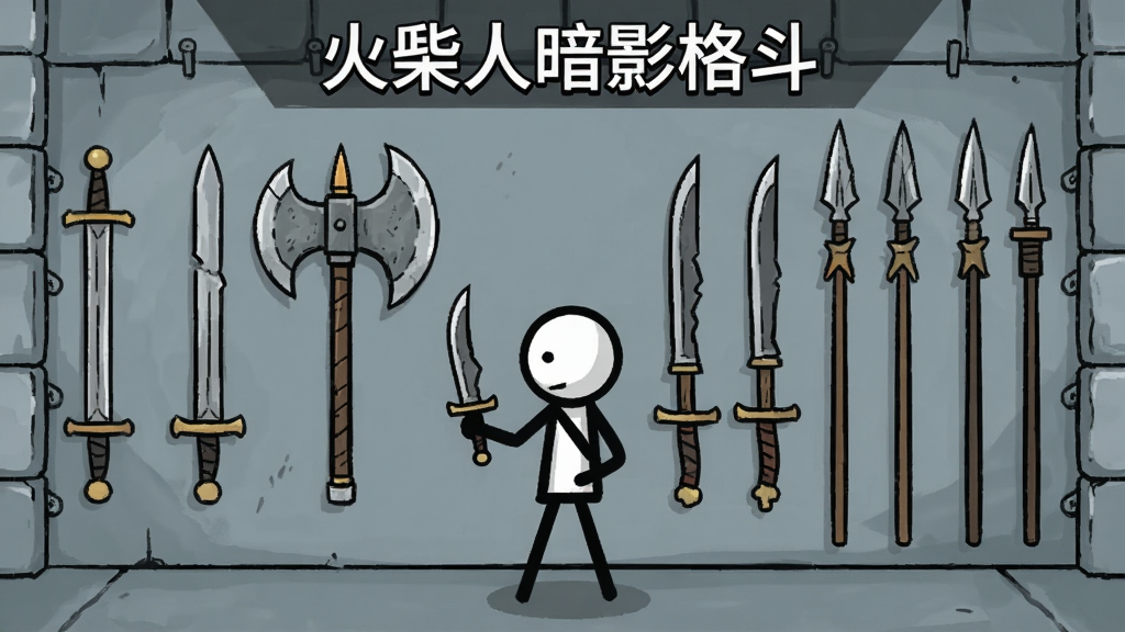 展示一个武器库界面,墙上挂满各式冷兵器,有长剑、巨斧、双刀、长枪等,一位火柴人战士站在中央挑选武器,画面顶部写有“火柴人暗影格斗”字样,风格为游戏UI展示,细节精致,画质清晰,干净无杂乱元素
