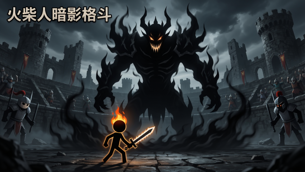 一个巨大的暗影BOSS站在竞技场中央,周围环绕黑色雾气,一位火柴人战士正持剑对峙,背景是阴森的古堡废墟,画面中带有“火柴人暗影格斗”标题,风格为暗黑史诗,细节表现光影对比,画质高,干净清晰