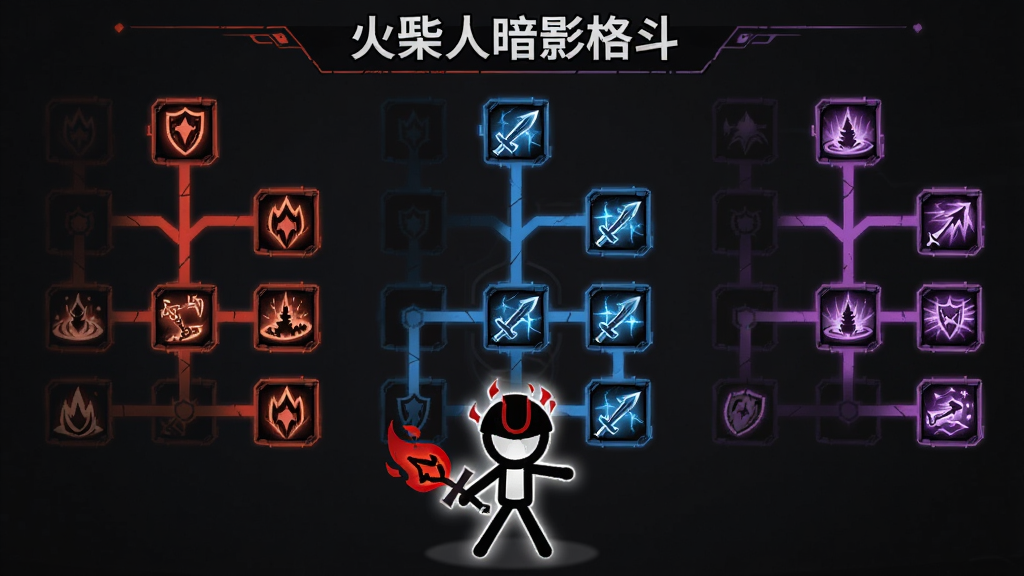 一个技能树界面,三条分支路线分别用红色、蓝色、紫色线条连接多个技能图标,一位火柴人战士站在技能树前方,画面顶部有“火柴人暗影格斗”文字,风格为科技感与暗黑风结合,细节清晰,画质干净