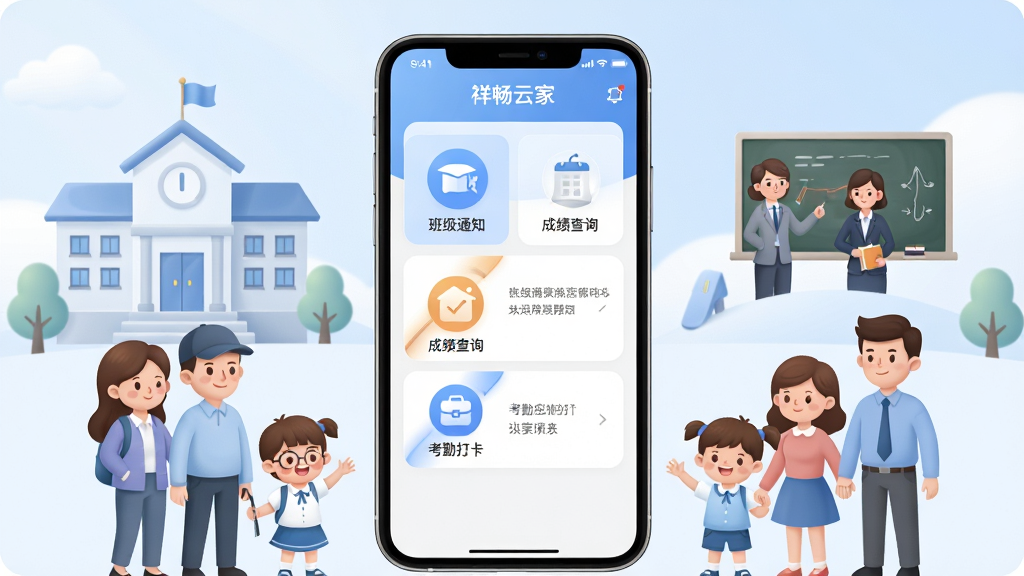 һ��չʾ�鳩�Ƽҳ��������Ĺ��ܵ�����ͼ������������һ�������ֻ�����Ļ��ʾ�鳩�Ƽҳ���Ӧ�ý��棬�������а༶֪ͨ���ɼ���ѯ�����ڴ򿨵�ģ��ͼ�ꡣ�ֻ���Χ������ѧУ��������ʦ���ҳ��ͺ��ӵĿ�ͨ��������͵���ɫ�Ͱ�ɫΪ��ɫ�������־��жԳƣ�������ִ���ϸ�����������ʸ��壬�ɾ��޶���Ԫ�ء�