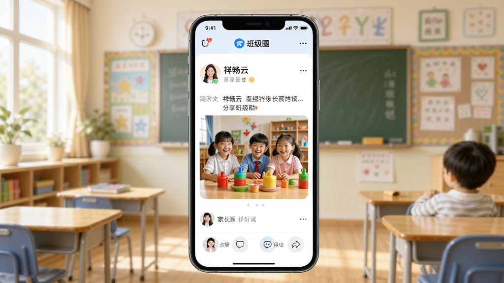 һ��AI���ɵ�ͼƬ������չʾ�鳩�Ƽҳ��İ༶Ȧ���棬��Ļ���к����ǲμӻ����Ƭ����ʦ�����ַ������·��мҳ����޺����۵�ͼ�ꡣ�����������Ľ��һ��������ֲ����ֻ�������ʵ����ϵķ�ʽ�������ů���ã�ϸ�����������ʸ��壬�ɾ��޶���Ԫ�ء�