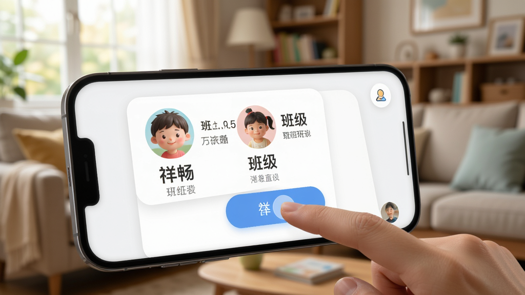 һ��AI���ɵ�ͼƬ��չʾ�鳩�Ƽҳ�Ӧ���е��˺��л����棬��Ļ�����������ӵ�ͷ��Ͱ༶��Ϣ����ָ���ڵ���л���ť����������ֻ���д�ӽǣ������Ǽ�ͥ��������ܰ���������ּ�����ˣ����дʵ��Ȼ��ϸ�����������ʸ��壬�ɾ��޶���Ԫ�ء�