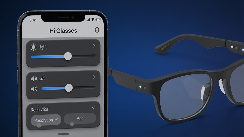 画面展示一部手机屏幕显示“Hi Glasses”应用的设置界面,界面中有亮度滑块、音量滑块、分辨率选项等调节控件,手机旁边有一副智能眼镜,眼镜镜腿上有微小的指示灯,背景为深蓝色渐变,布局采用左右分栏构图,风格为科技感UI风,细节包括滑块的立体感、选项的高亮状态、背景的柔和渐变,画质清晰,干净,无多余元素