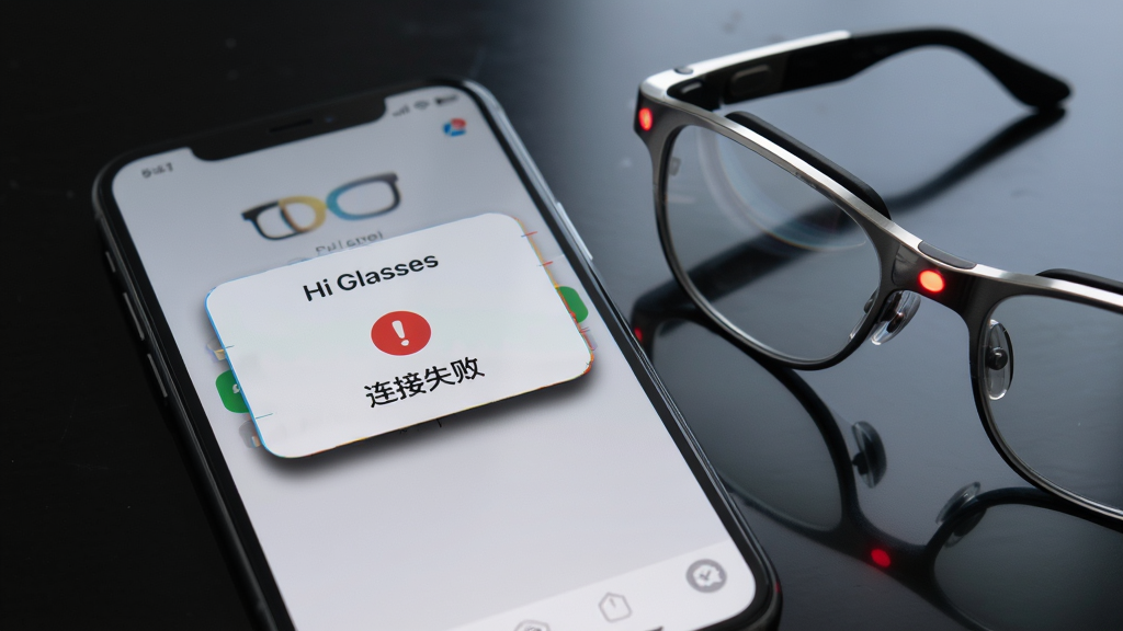 画面展示一部手机屏幕显示“Hi Glasses”应用的错误提示弹窗,弹窗内有红色感叹号和“连接失败”文字,手机旁边有一副智能眼镜,眼镜指示灯为红色,背景为深色桌面,布局采用中心特写构图,风格为故障提示风,细节包括弹窗的阴影效果、眼镜的金属边框、桌面的反光,画质清晰,干净,无多余元素