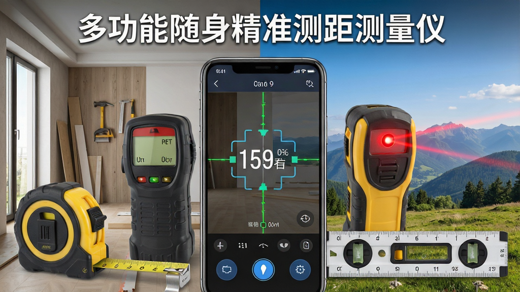 一张展示多功能随身精准测距测量仪核心功能的合成图片,画面中央是一部智能手机,屏幕显示测量界面,有距离数值与瞄准线,手机周围环绕卷尺、激光测距仪、角度尺等传统测量工具,背景为室内装修场景与户外风景各占一半,布局为手机居中,工具环绕,顶部有软件名称“多功能随身精准测距测量仪”,风格为写实科技风,细节包括测量刻度、单位标识、按钮图标,画质清晰,干净,无多余元素