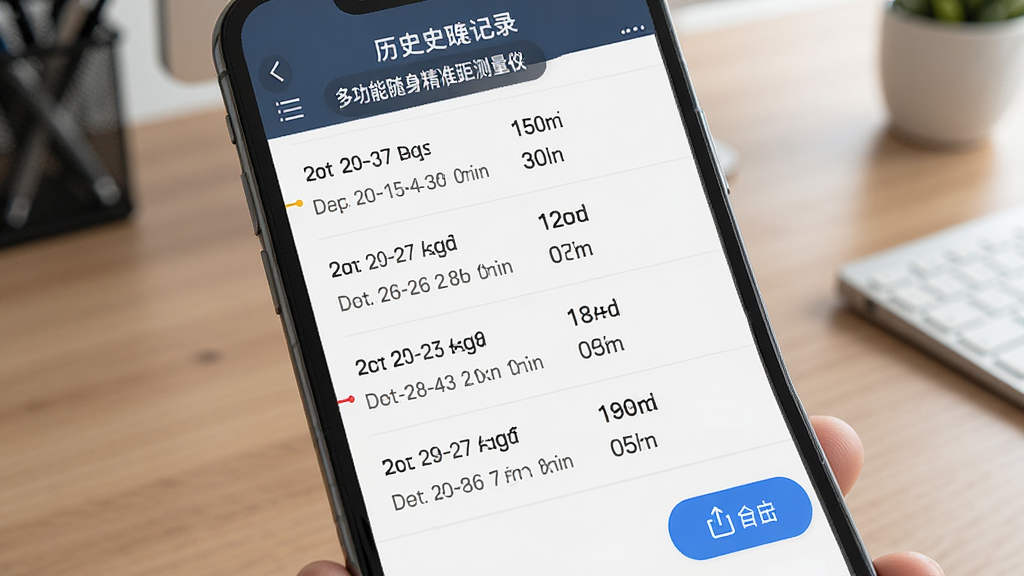 手机屏幕显示多功能随身精准测距测量仪的历史记录列表,包含多条测量数据与备注,旁边有导出按钮,背景为办公桌面,风格为商务简约,细节有日期、数值、单位,画质清晰,干净,无多余元素