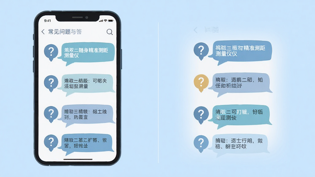 多功能随身精准测距测量仪在手机上的问答界面示意图,手机屏幕显示常见问题与解答列表,背景为浅蓝色,风格为清新扁平,细节有问号图标、文字气泡,画质清晰,干净,无多余元素