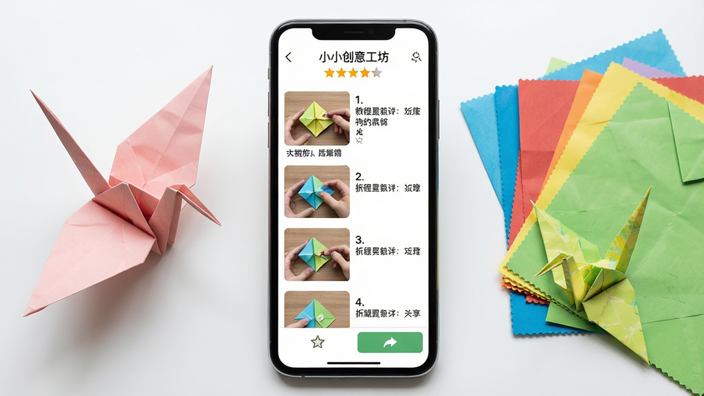 一张展示小小创意工坊应用内教程详情页的界面截图,画面中手机屏幕显示一个折纸教程的步骤列表,每一步都有清晰的折纸过程图片和简短文字说明,屏幕顶部有教程标题和难度星级,底部有收藏和分享按钮,手机旁放着一只折好的千纸鹤和几张彩色方形折纸,风格清新简洁,细节丰富,画质高清,干净,无多余元素