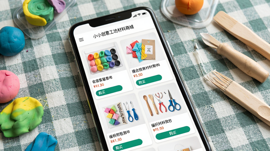 一张展示小小创意工坊材料商城页面的手机截图,屏幕中显示各类手工材料包的商品列表,包括黏土套装、折纸材料包、编织工具等,每个商品有图片、名称、价格和购买按钮,手机放置在铺有格子布的桌面上,旁边有彩色黏土和木质小工具,风格整洁明亮,细节丰富,画质高清,干净,无多余元素